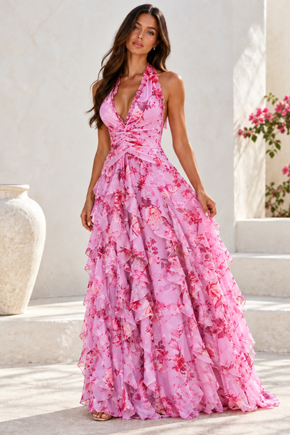 Marielle Floral Halter Ruffle Maxi Dress