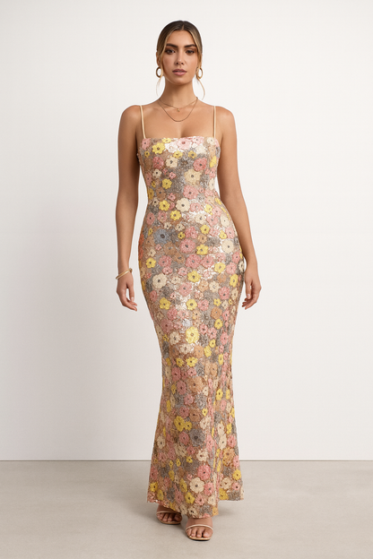 Golden Hour Floral Sequin Maxi Dress