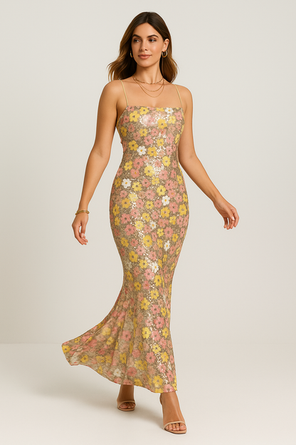 Golden Hour Floral Sequin Maxi Dress