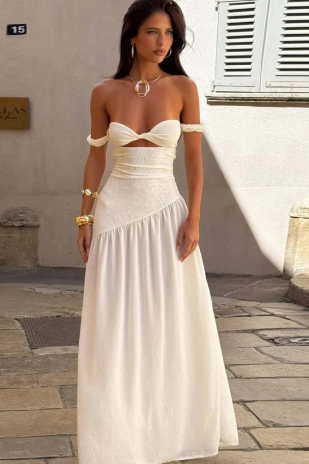 white maxi off shoulder dress Lillianne Off-Shoulder Side Ruffle Cold hand wash only Piccola Off Shoulder Maxi Dress