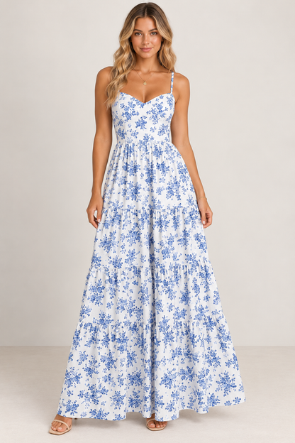 Posie Floral Backless Tie-Back Maxi Dress – Blue
