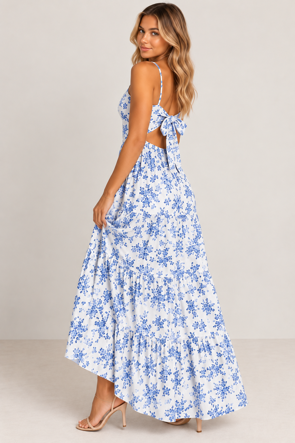 Posie Floral Backless Tie-Back Maxi Dress – Blue