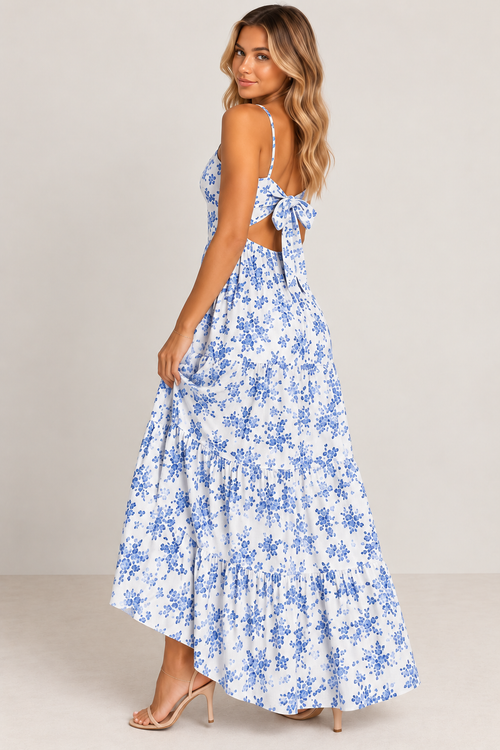 Posie Floral Backless Tie-Back Maxi Dress – Blue