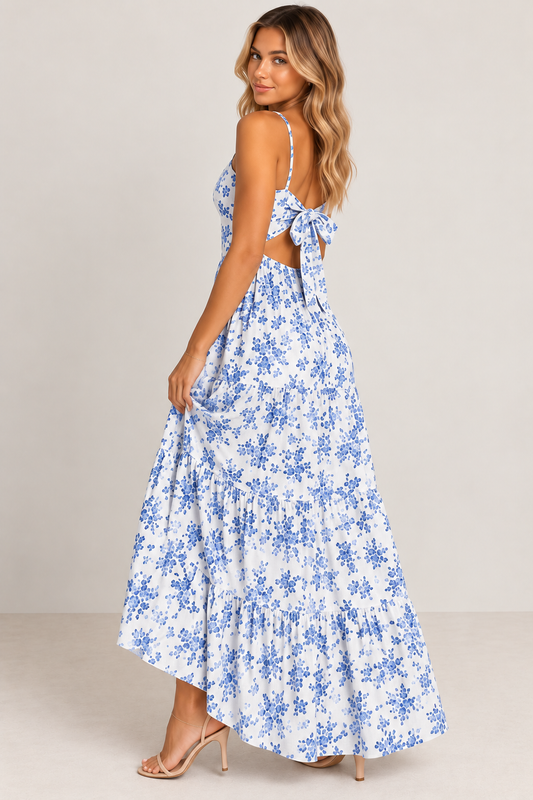 Posie Floral Backless Tie-Back Maxi Dress – Blue