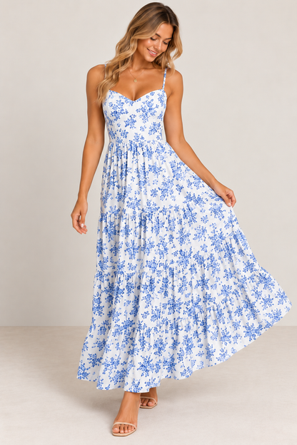 Posie Floral Backless Tie-Back Maxi Dress – Blue