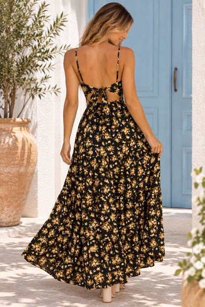 Posie Floral Backless Tie-Back Maxi Dress – Blue