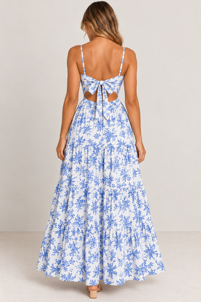 Posie Floral Backless Tie-Back Maxi Dress – Blue