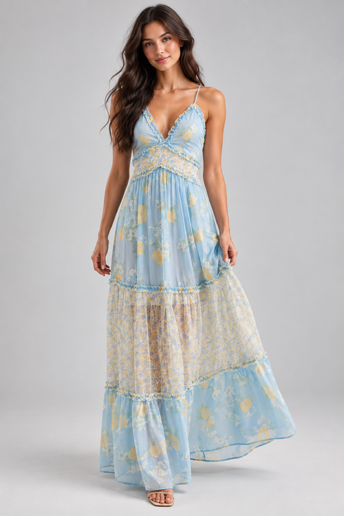 Elowen blue floral V-neck tiered maxi dress front studio view