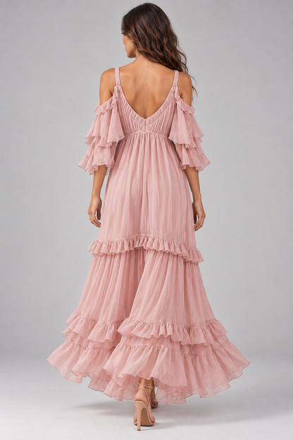 Isadora blush pink cold-shoulder ruffle maxi dress back view