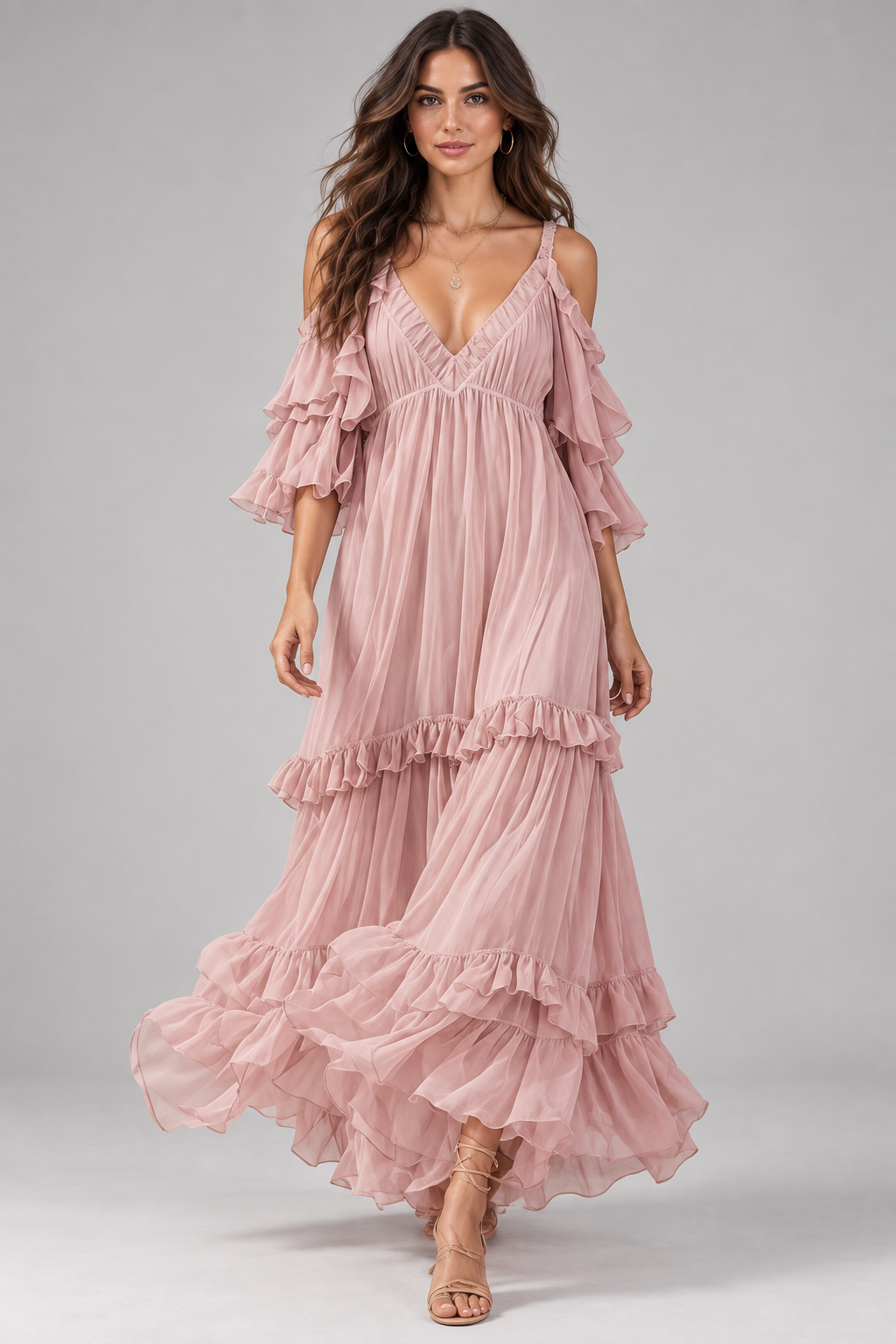 Isadora blush pink cold-shoulder ruffle maxi dress front view