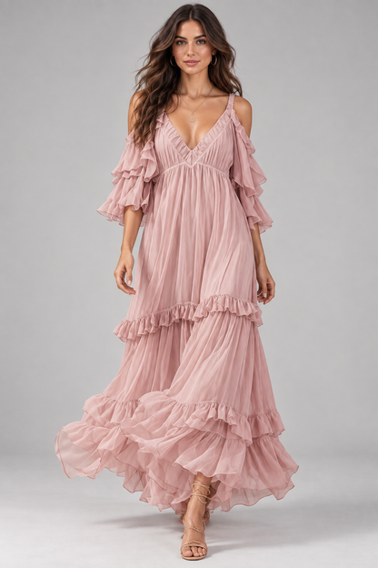 Isadora blush pink cold-shoulder ruffle maxi dress front view