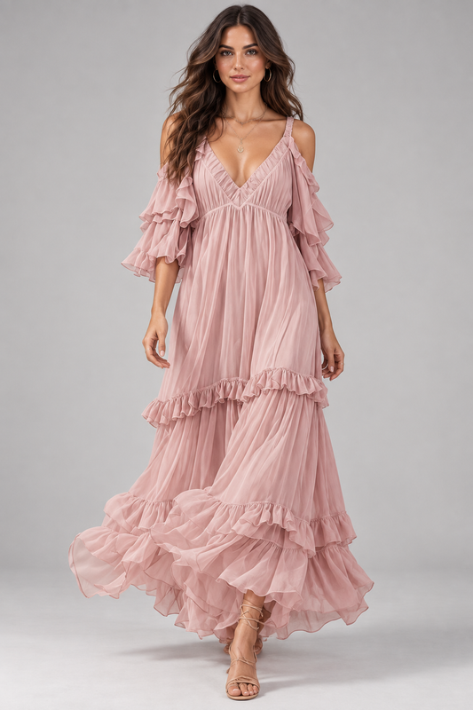Isadora blush pink cold-shoulder ruffle maxi dress front view