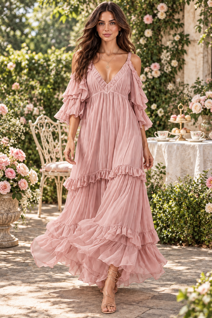 Isadora blush pink maxi dress garden tea party lifestyle