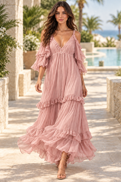 Isadora blush pink maxi dress resort lifestyle