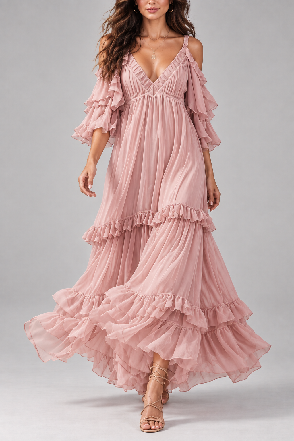 Isadora blush pink maxi dress tiered ruffle detail