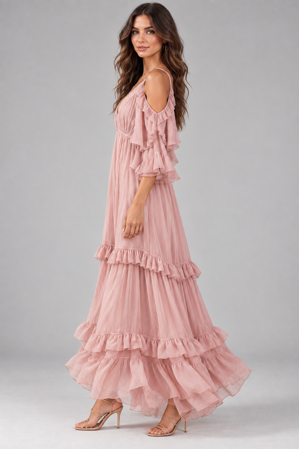 Isadora blush pink cold-shoulder ruffle maxi dress side view