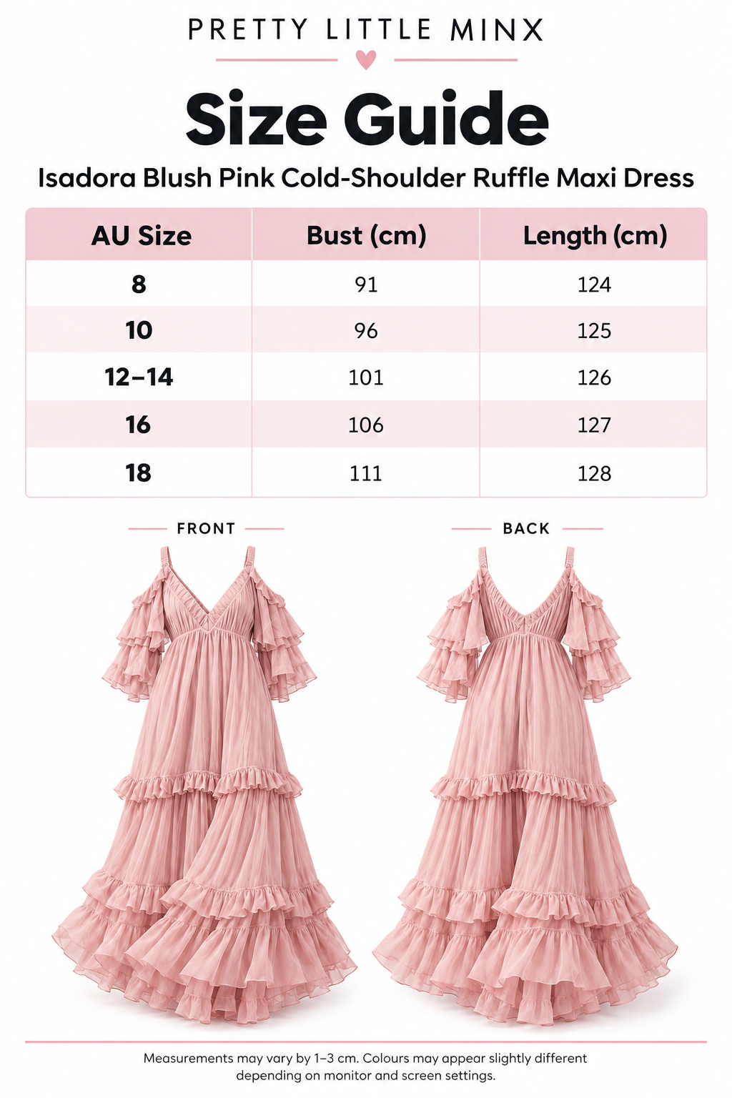 Isadora blush pink maxi dress size guide AU 8 to 18