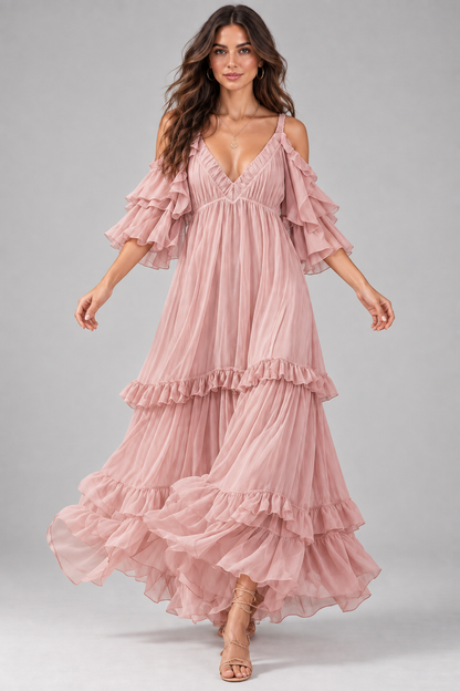 Isadora blush pink maxi dress ruffle sleeve view