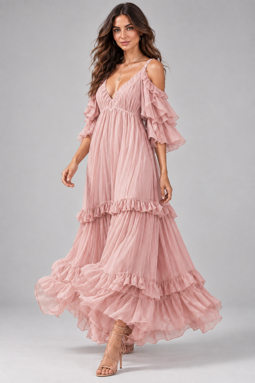 Isadora blush pink cold-shoulder ruffle maxi dress three-quarter view