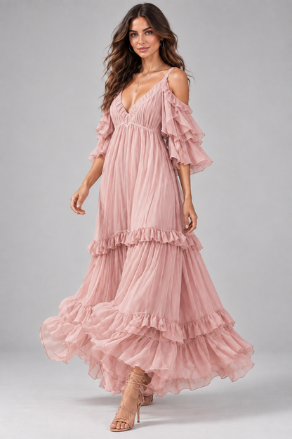 Isadora blush pink cold-shoulder ruffle maxi dress three-quarter view