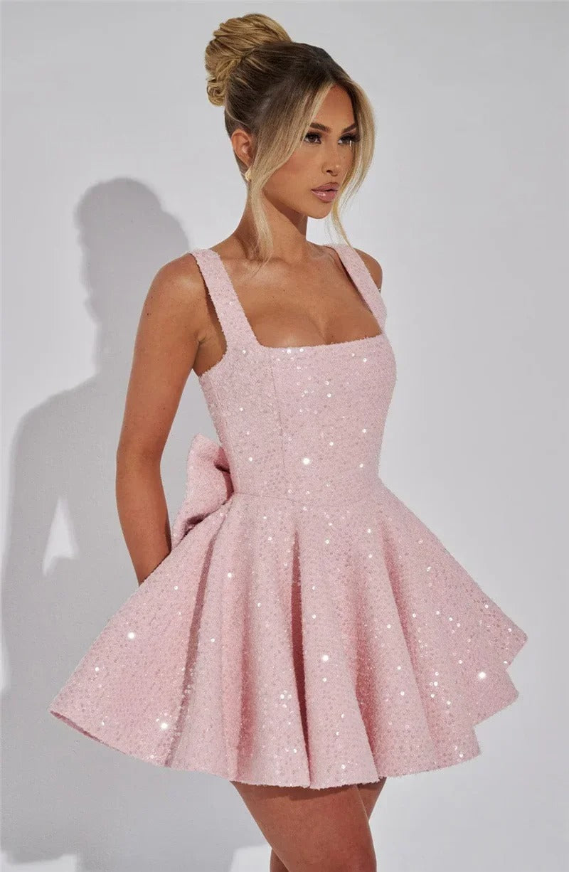 Pink Bow Sequin Mini Dress