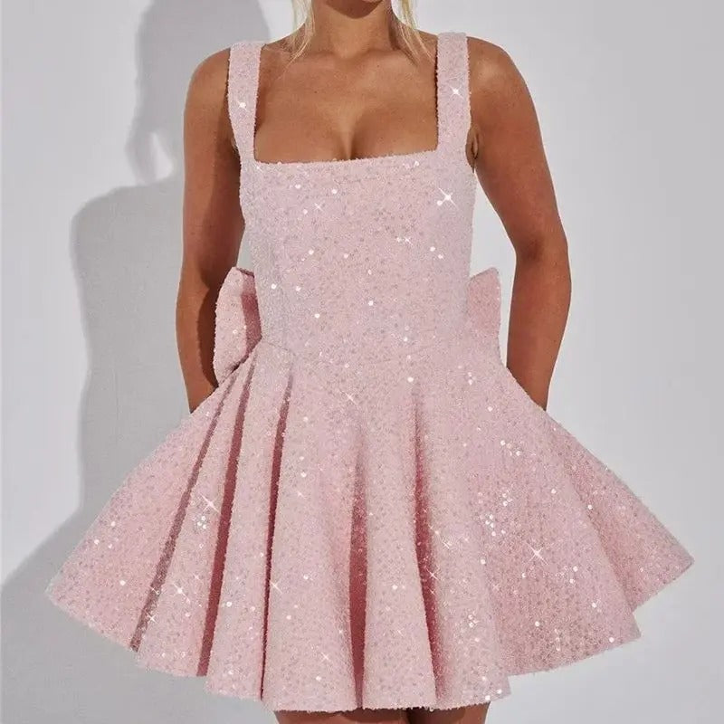 Pink Bow Sequin Mini Dress