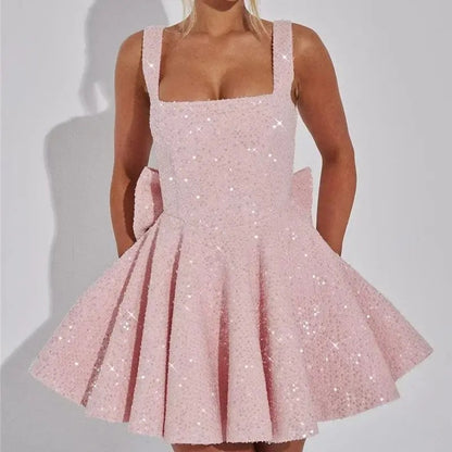Pink Bow Sequin Mini Dress
